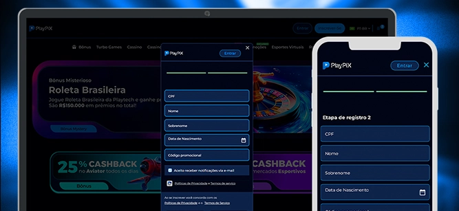 Imagem mostra notebook e celular aberto na página de cadastro da PlayPIX