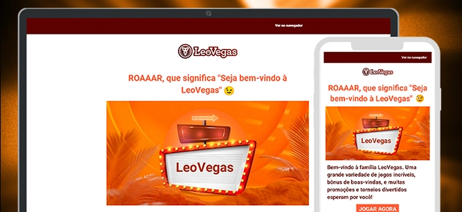 Imagem mostra notebook e celular aberto na página de cadastro da Leo Vegas