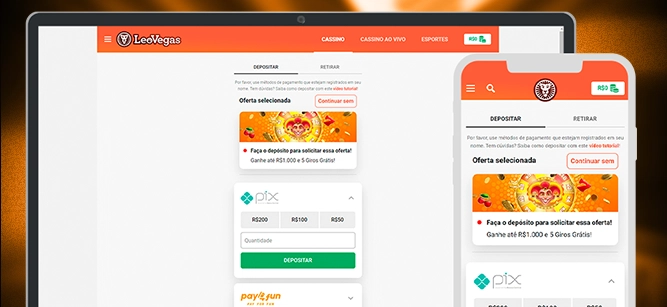Imagem mostra notebook e celular aberto na página de cadastro da Leo Vegas