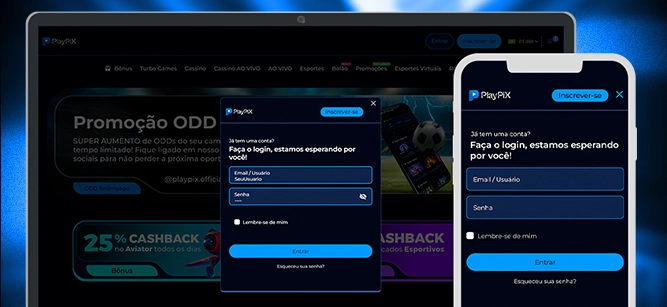 Imagem mostra notebook e celular aberto na página de cadastro da PlayPIX