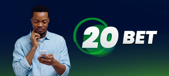 Imagem mostra logomarca da 20bet ao lado de um homem pensativo com smartphone