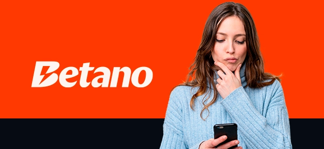 Imagem mostra mulher pensativa utilizando um smartphone ao lado da logomarca da Betano