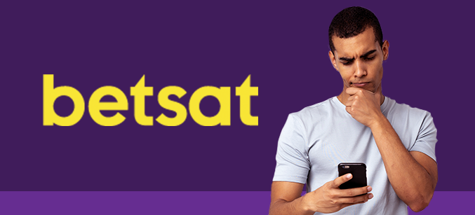 Imagem mostra homem pensativo ao utilizar um smartphone ao lado da logomarca da Betsat