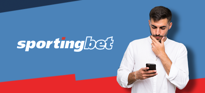 Imagem mostra homem pensativo com um smartphone ao lado da logomarca da Sportingbet
