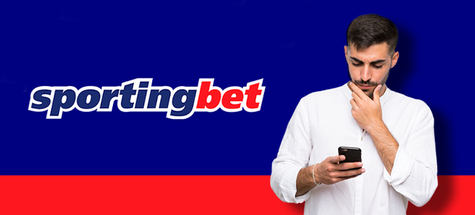 Imagem mostra homem pensativo com um smartphone ao lado da logomarca da Sportingbet