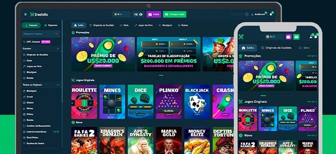 Imagem mostra notebook e smartphone abertos na página de cassino da Duelbits