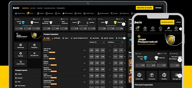 Imagem mostra celular e notebook aberto na página de apostas da Bwin