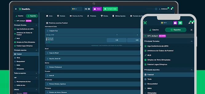 Imagem mostra notebook e smartphone abertos na página de apostas da Duelbits