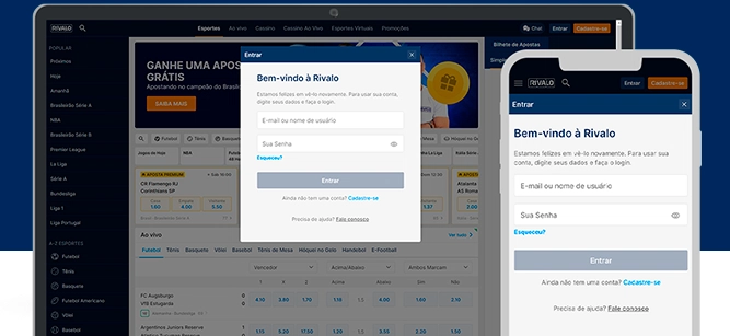 Imagem mostra smartphone e notebook abertos na página de apostas da Rivalo