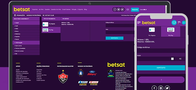 Imagem mostra smartphone e notebook abertos na página de apostas da Betsat