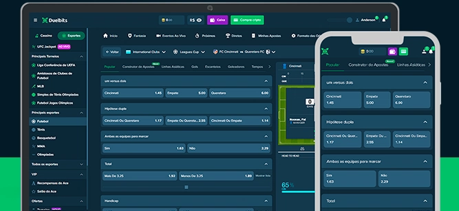 Imagem mostra notebook e smartphone abertos na página de apostas da Duelbits
