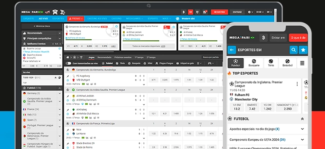 Imagem mostra smartphone e notebook abertos na página de apostas da Megapari