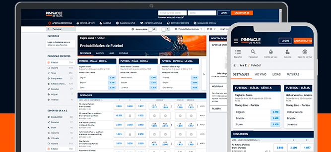Imagem mostra celular e notebook aberto na página de apostas da Pinnacle