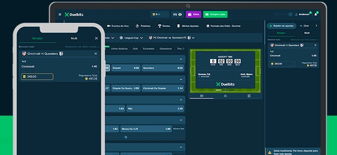 Imagem mostra notebook e smartphone abertos na página de apostas da Duelbits