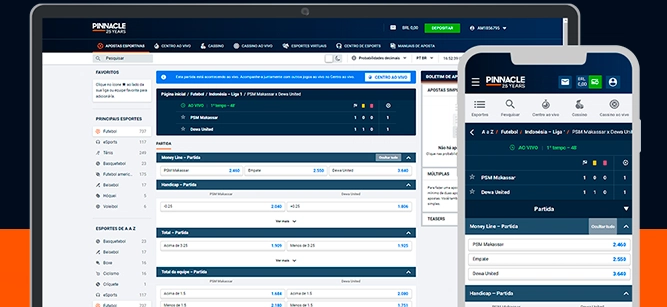 Imagem mostra celular e notebook aberto na página de apostas da Pinnacle