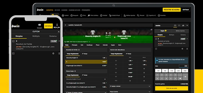 Imagem mostra celular e notebook aberto na página de apostas da Bwin