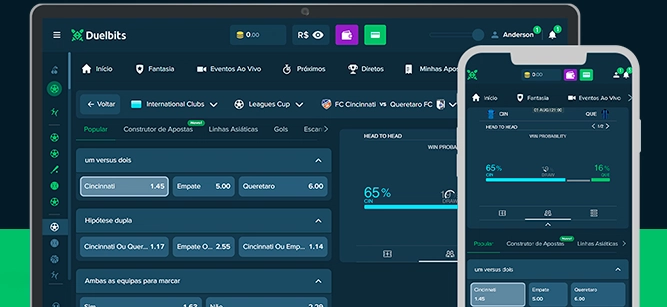 Imagem mostra notebook e smartphone abertos na página de apostas da Duelbits