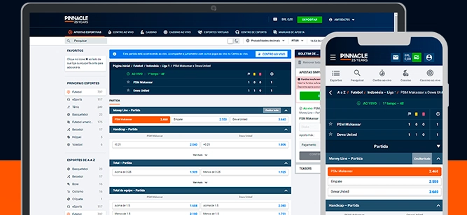 Imagem mostra celular e notebook aberto na página de apostas da Pinnacle