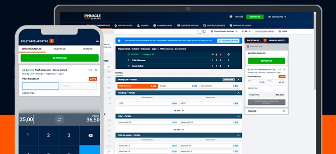 Imagem mostra celular e notebook aberto na página de apostas da Pinnacle