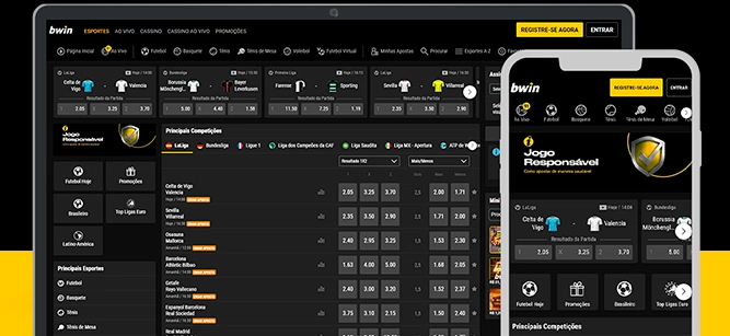 Imagem mostra celular e notebook aberto na página de apostas da Bwin