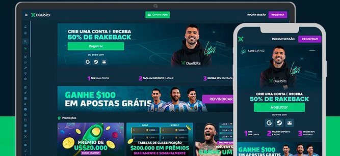 Imagem mostra notebook e smartphone abertos na página de apostas da Duelbits