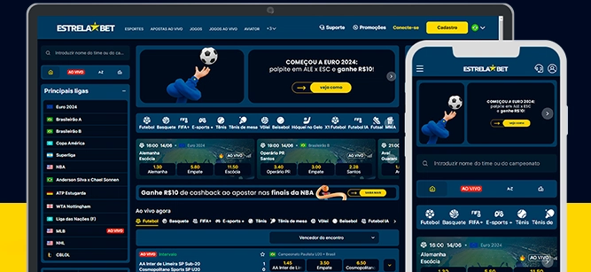 Imagem mostra smartphone e notebook abertos na página de apostas da EstrelaBet