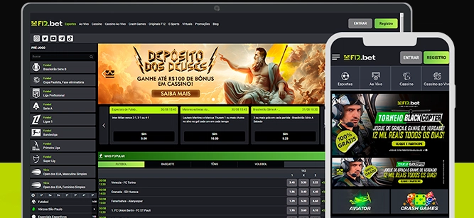Imagem mostra celular e notebook abertos na página de apostas da F12.Bet