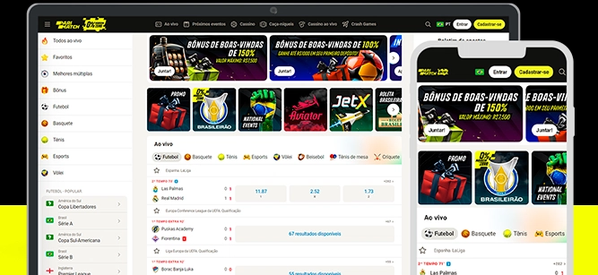 Imagem mostra notebook e celular aberto na página de apostas da Parimatch