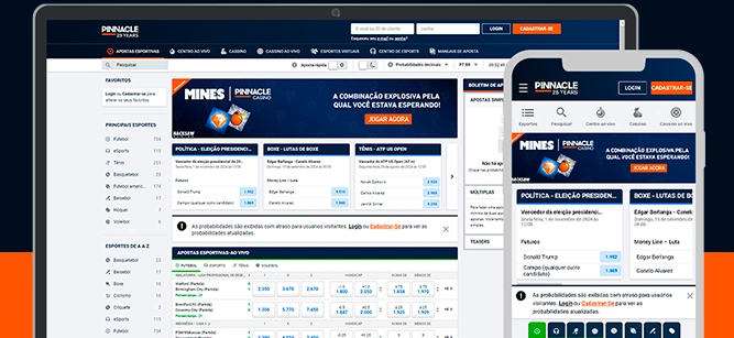 Imagem mostra celular e notebook aberto na página de apostas da Pinnacle