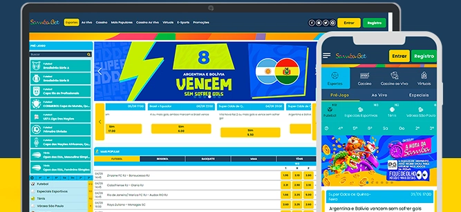 Imagem mostra celular e notebook aberto na página de apostas do Sambabet