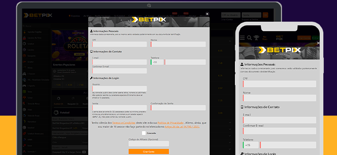 Imagem mostra smartphone e notebook abertos na página de cadastro da Betpix