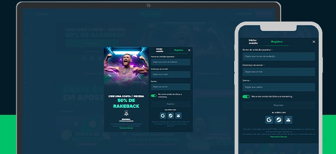 Imagem mostra notebook e smartphone abertos na página de registro da Duelbits