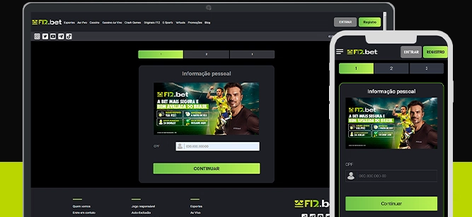 Imagem mostra celular e notebook abertos na página de cadastro da F12.Bet