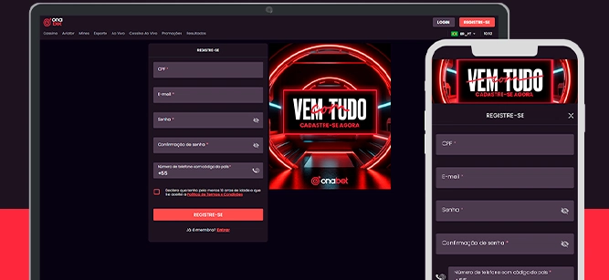 Imagem mostra celular e notebook abertos na página de cadastro da Onabet