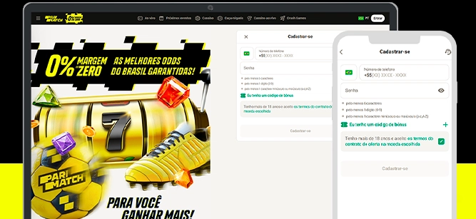 Imagem mostra notebook e celular aberto na página de cadastro da Parimatch
