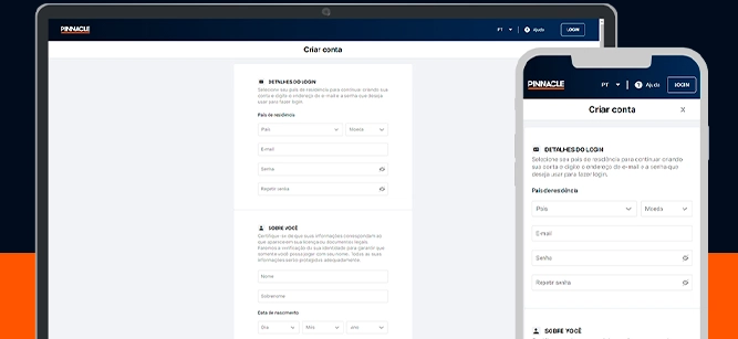 Imagem mostra celular e notebook aberto na página de cadastro da Pinnacle