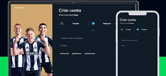 Imagem mostra celular e notebook abertos na página de cadastro da Sportsbet