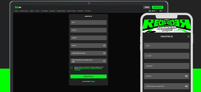 Imagem mostra celular e notebook abertos na página de cadastro da Luva Bet