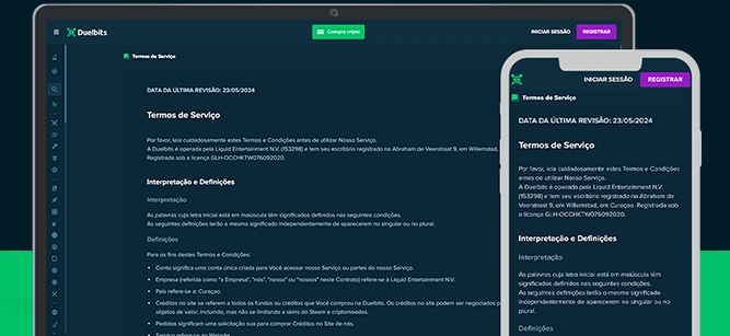 Imagem mostra notebook e smartphone abertos na página de termos e condições da Duelbits