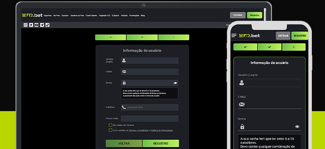 Imagem mostra celular e notebook abertos na página de cadastro da F12.Bet