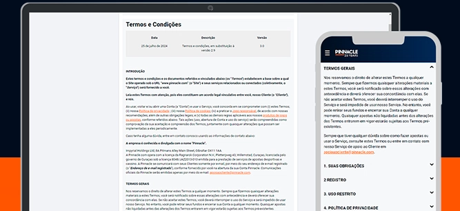 Imagem mostra celular e notebook aberto na página de termos e condições da Pinnacle