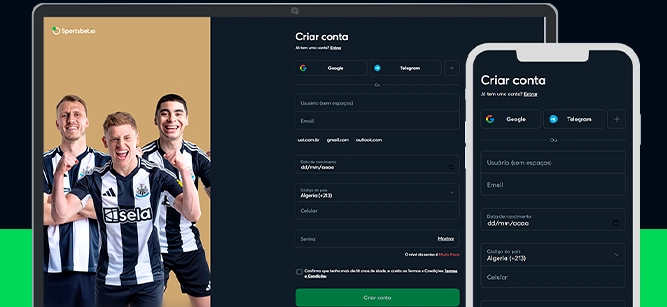 Imagem mostra celular e notebook abertos na página de cadastro da Sportsbet