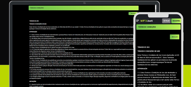 Imagem mostra celular e notebook abertos na página de termos e condições da F12.Bet