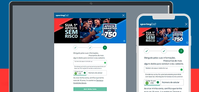 Imagem mostra notebook e smartphone abertos na página de cadastro da Sportingbet