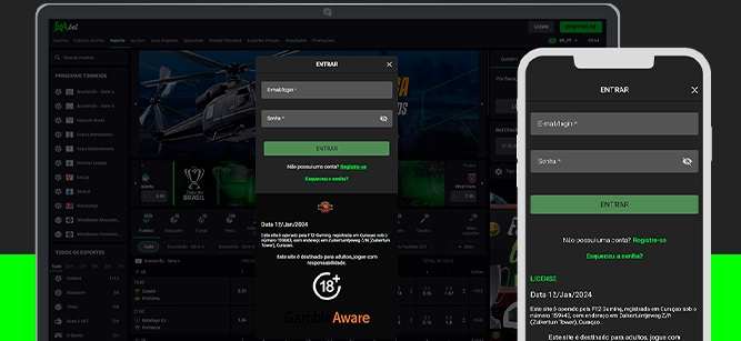 Imagem mostra celular e notebook abertos na página de login da Luva Bet