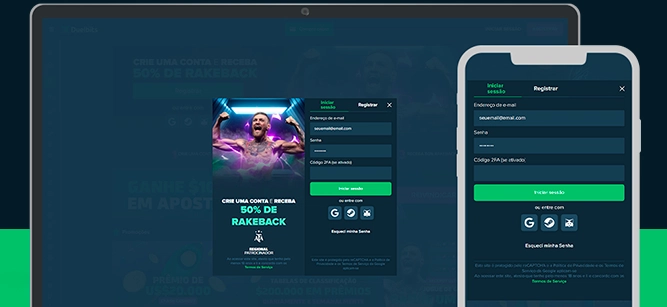 Imagem mostra notebook e smartphone abertos na página de registro da Duelbits