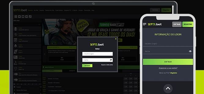 Imagem mostra celular e notebook abertos na página de login da F12.Bet