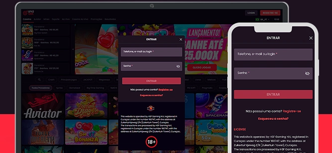 Imagem mostra celular e notebook abertos na página de apostas da Onabet