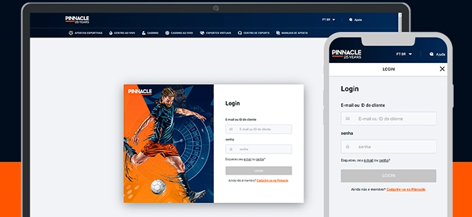 Imagem mostra celular e notebook aberto na página de login da Pinnacle