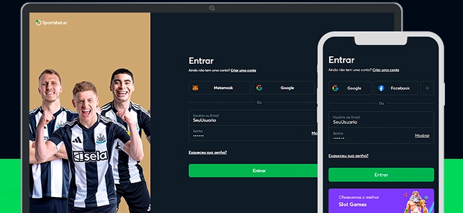 Imagem mostra celular e notebook abertos na página de login da Sportsbet